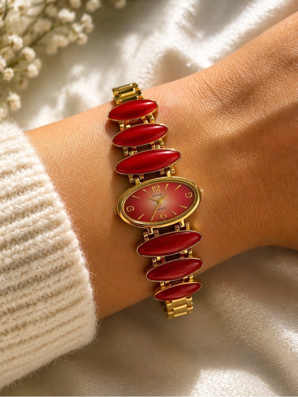 Vintage CYMA Swiss Red Enamel Bracelet Watch Gold Tone Quartz Watch w/ Box